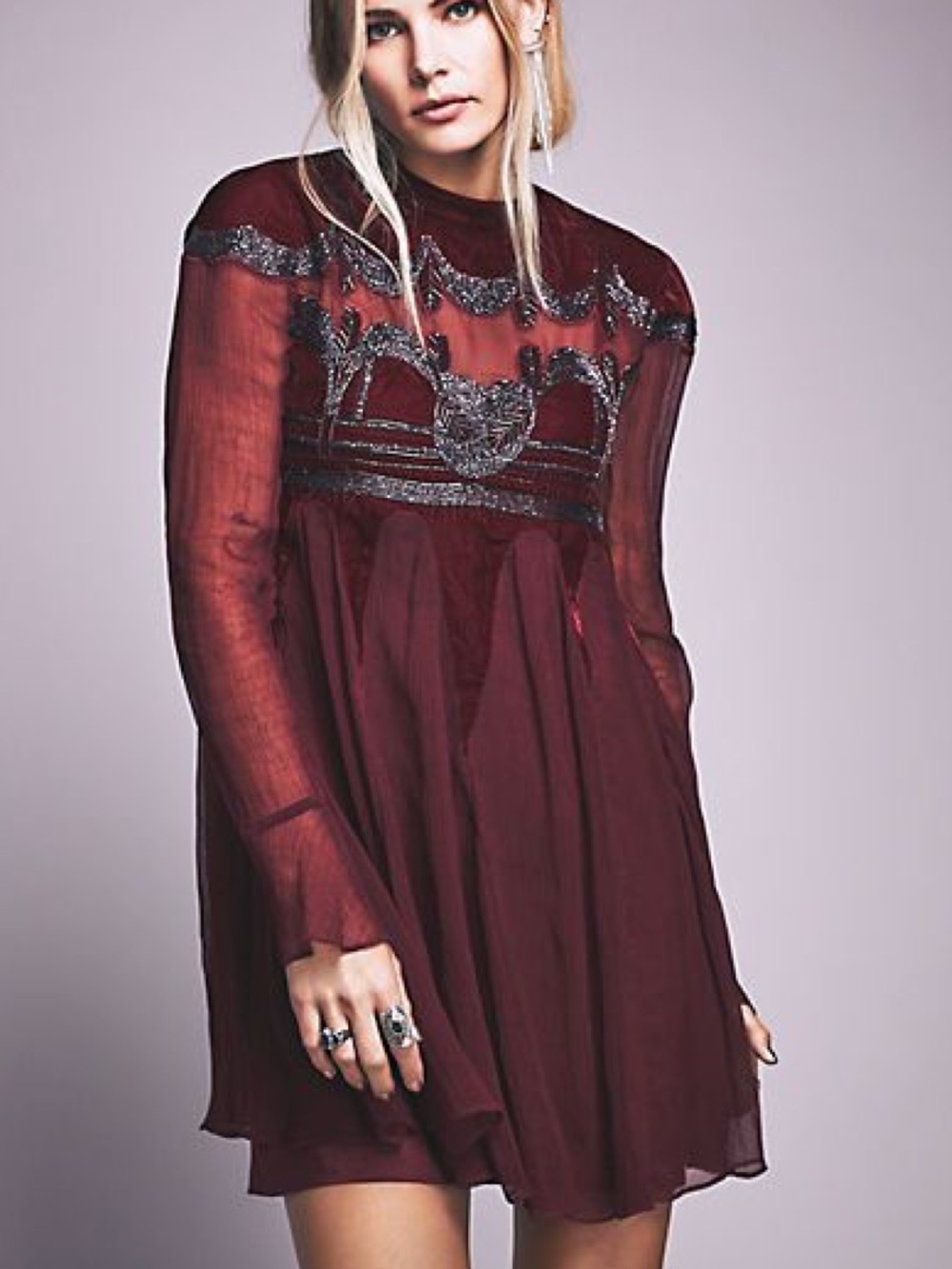 Free People Empire Mesh Lace Dress Burgundy Victorian Beaded Rare size Large